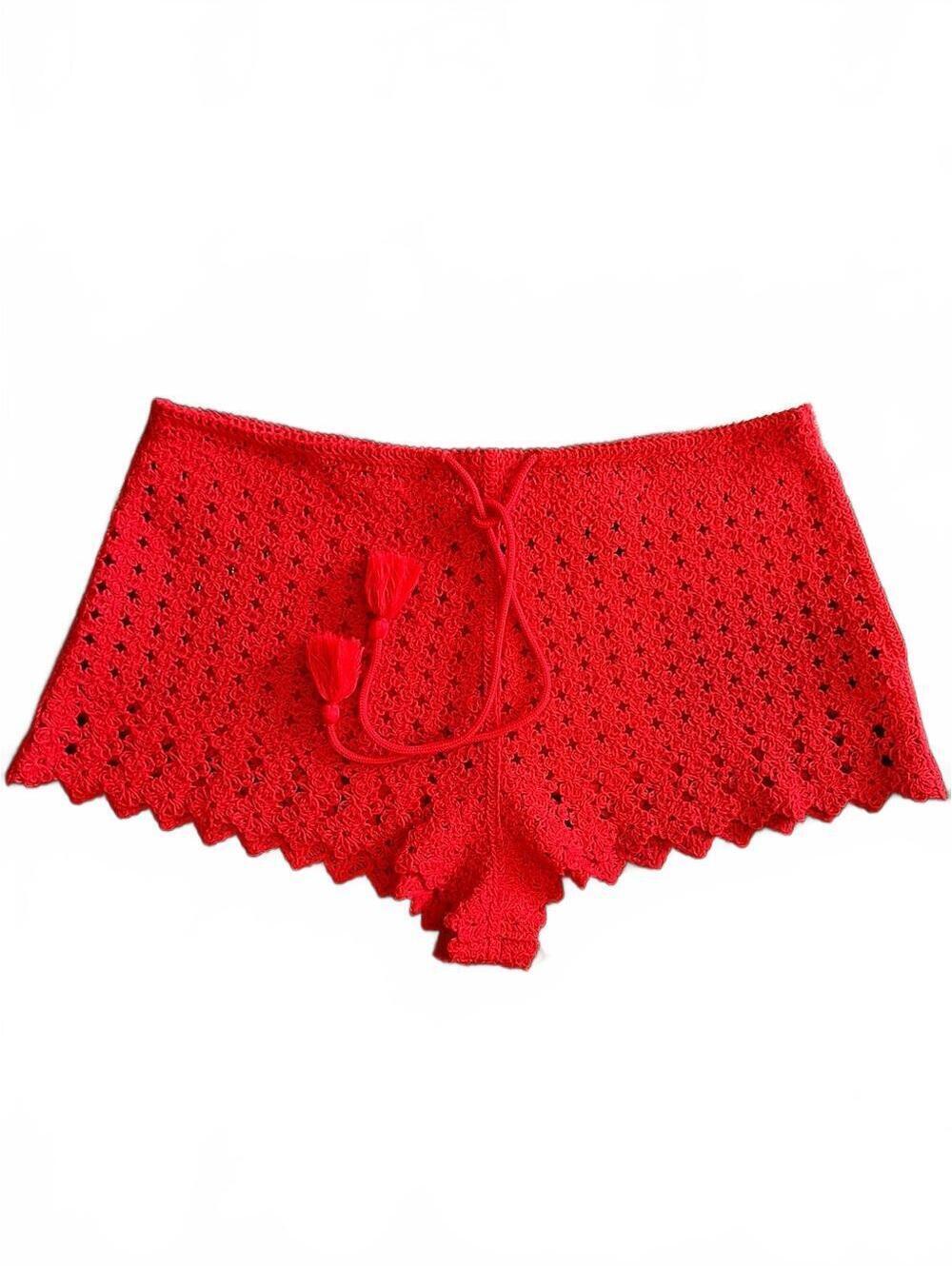 H&M Red Crochet Star Stitch Tassel Tie Shorts Sirencore Festival